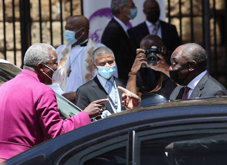 Archbishop Thabo Makgoba and President Cyril Ramaphosa after the requiem mass for the late Archbishop Emeritus Desmond Tutu.