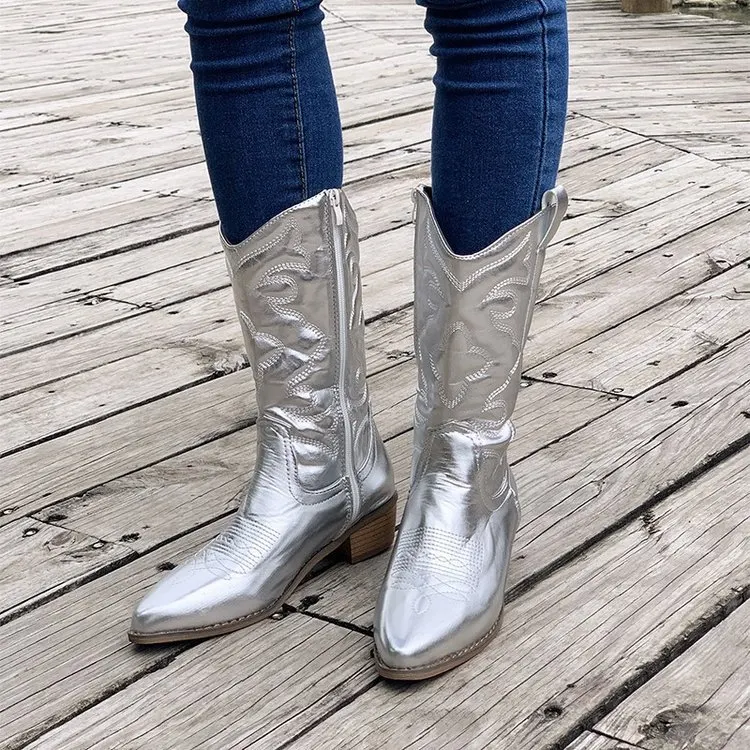 Women's Chunky Heel Pointed Toe Western Boots Fashion Mid-tube Solid Knight Boot Autumn and Winter Shoes, stylish footwe