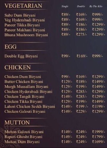 The Bombay Sultaani Biryani House menu 