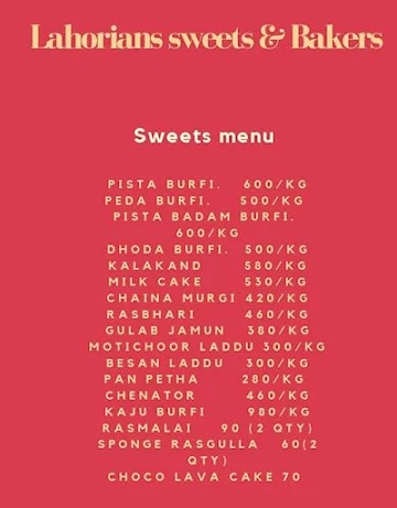 Lahorians Sweets & Bakers menu 