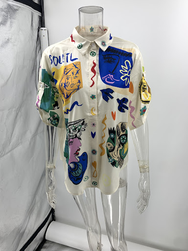 Title 3, Graffiti Printing Satin Short Sleeve Lapel Shir...