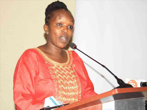 Kenya National Commission on Human Rights commissioner Jedidah Waruhiu speaking at Hilton Hotel during the national conference on decriminalisation and re-classification of petty offense on March 30, 2017./JOSEPH NDUNDA