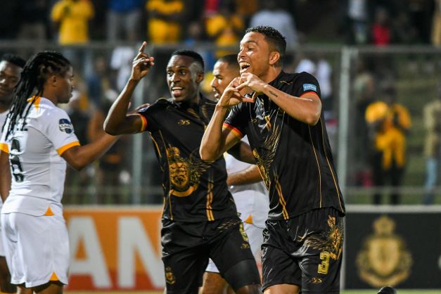 Ricardo Nascimeto of Royal AM celebrates scoring during the DStv Premiership match against Kaizer Chiefs at Chatsworth Stadium on August 6.