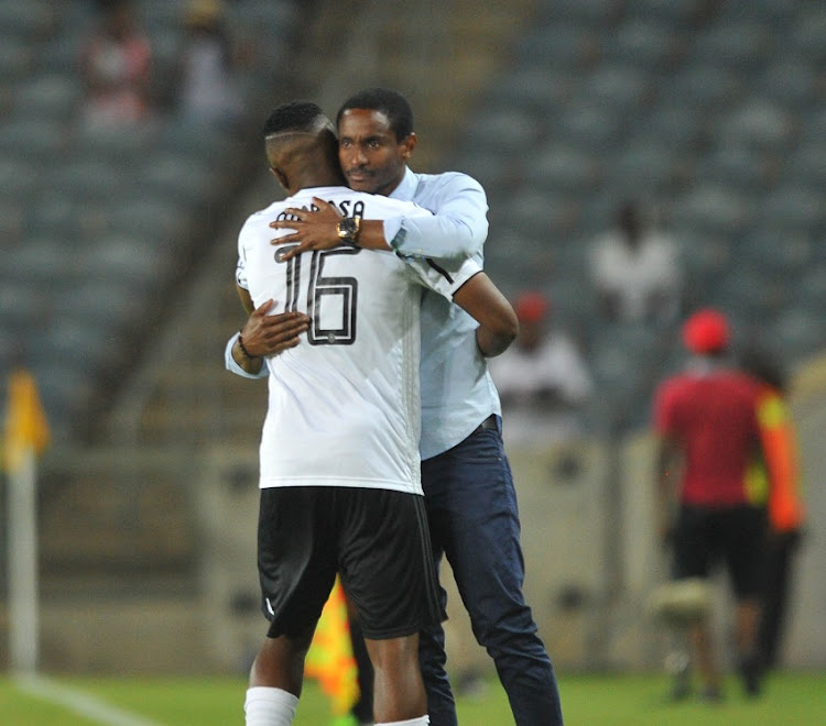 Tshegofatso Mabasa of Orlando Pirates celebrates goal with teammates during the Absa Premiership match between Orlando Pirates and Polokwane City on 26 November 2019 at Orlando Stadium.