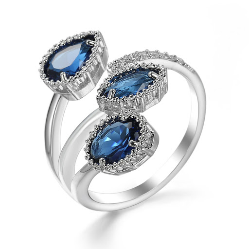 Title 4, Water Drop Blue Zircon Open Copper Ring Elegant...