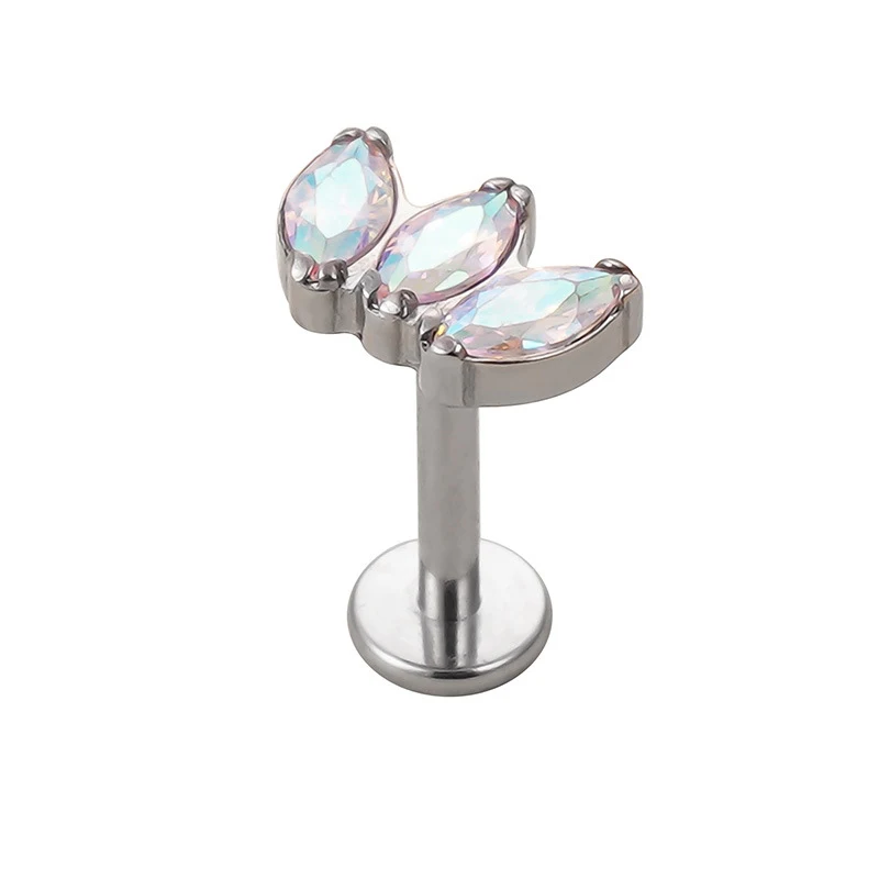 Ornamento corporal de titânio G23 com 3 olhos de cavalo e zircônia, ideal para piercings e unhas, hipoalergênico e charmoso.