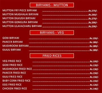 Andhra Ruchulu menu 