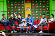 Players Dwaine Pretorius, Chris Morris, Jon-Jon Smuts, Duanne Olivier, Khaya Zondo and JP Duminy during the T20 Challenge Sponsorship Announcement at SuperSport Studios on November 07, 2017 in Johannesburg.