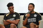 Mamelodi Sundowns midfielder Sibusiso Vilakazi (R) speaks alongside Orlando Pirates' AC Monaco-bound striker Lyle Foster (L) during the media launch of the 16th edition of the annual Discovery Walter Sisulu Soccer Challenge at Discovery Place in Sandton on Tuesday November 27 2018. Both players played in the tournament in their formative years as professional footballers. 