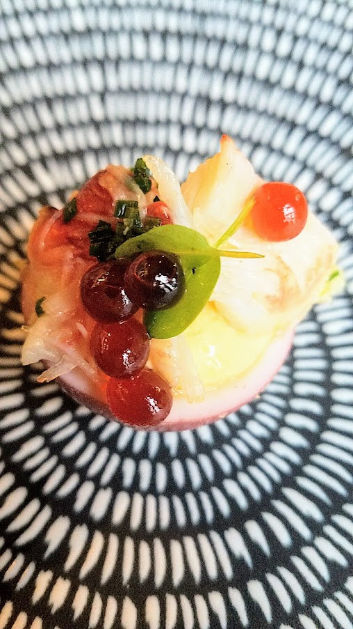 Pickled Deviled Eggs with dungeness crab, and smoked salmon roe  at King Tide Fish and Shell, Portland.