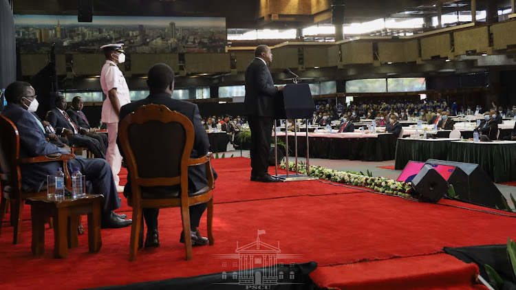 President Uhuru Kenyatta during the 12th presidential address on the Covid-19 pandemic on Monday, September 28, at KICC, Nairobi