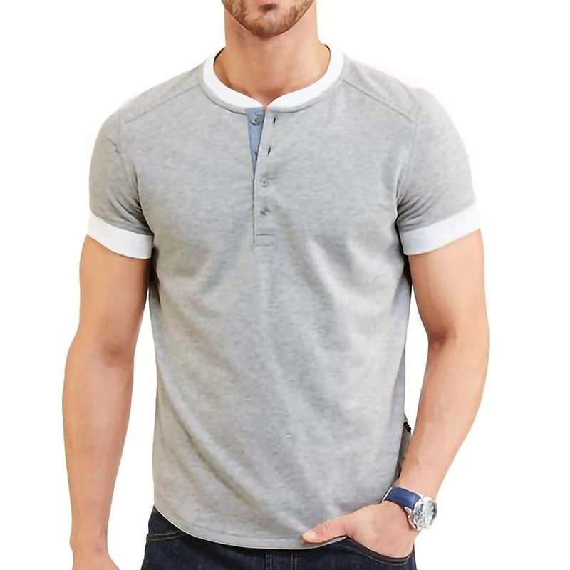 Herren neues T-Shirt mit kurzen Ärmeln und Patchwork in unifarbenem Design, ideal für lässige Outfits und hohen Tragekomfort im Sommer.