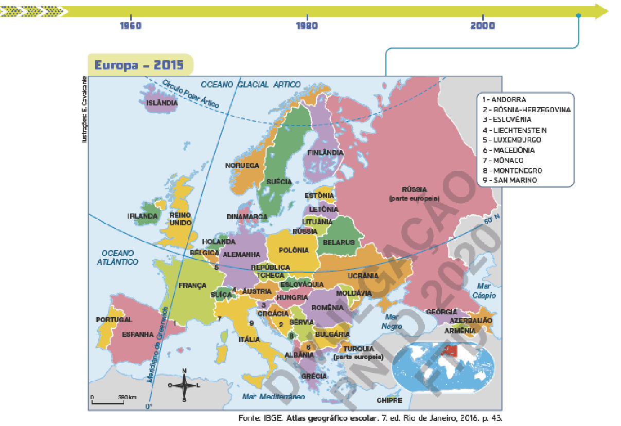 Identifique no mapa mundo político, o continente europeu e os