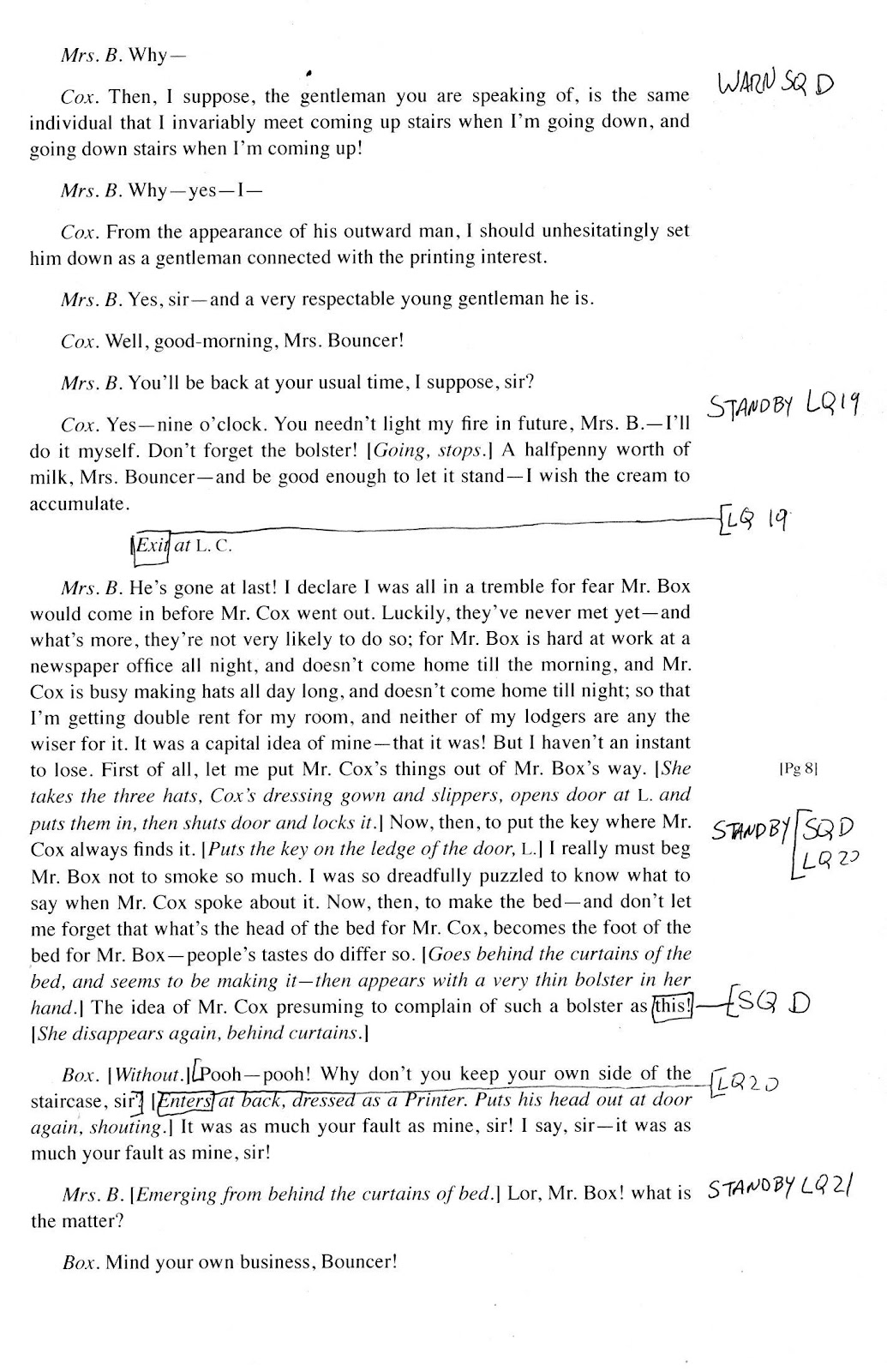 An example of a cue page with stage manager handwritten notes. 