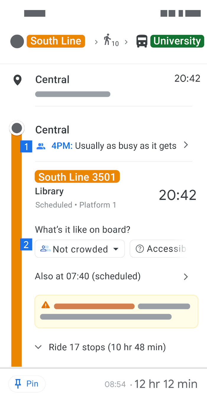 L'image montre un exemple de voyage de "South Line" à "University". Entre les instructions, l'itinéraire affiche ou collecte des données sur le nombre de passagers ("Aussi fréquenté que d'habitude" ou "À quoi ressemble le trajet à bord ?").