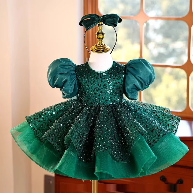 Robe Princesse Vert Foncé Manches Courtes Bouffantes Élégante et Confortable pour Enfants Idéale pour Fêtes et Célébrations spéciales