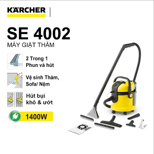 Máy hút và giặt thảm KARCHER SE 4002, đa chức năng làm sạch giặt thảm, sofa nệm, máy giặt thảm khô và ướt di động, bảo hành 12 tháng