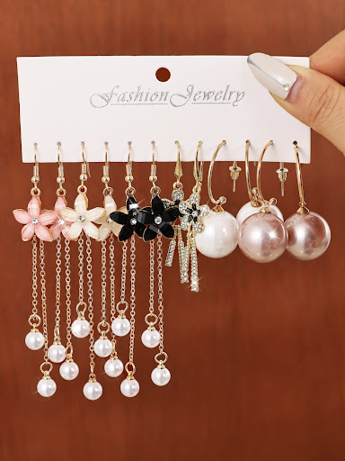 Title 3, 6 Pairs of Long Pearl Earrings with Crystal Flo...