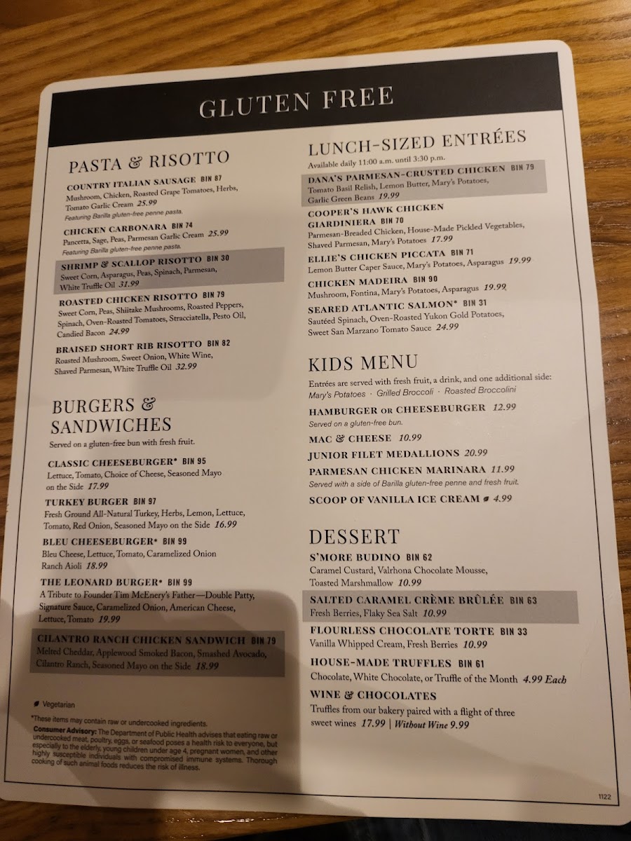 Cooper's Hawk gluten-free menu