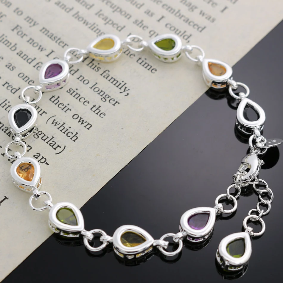 Bracelet femme argent 925 goutte d'eau avec zircone de couleur, design élégant, bijou étincelant pour toutes occasions.