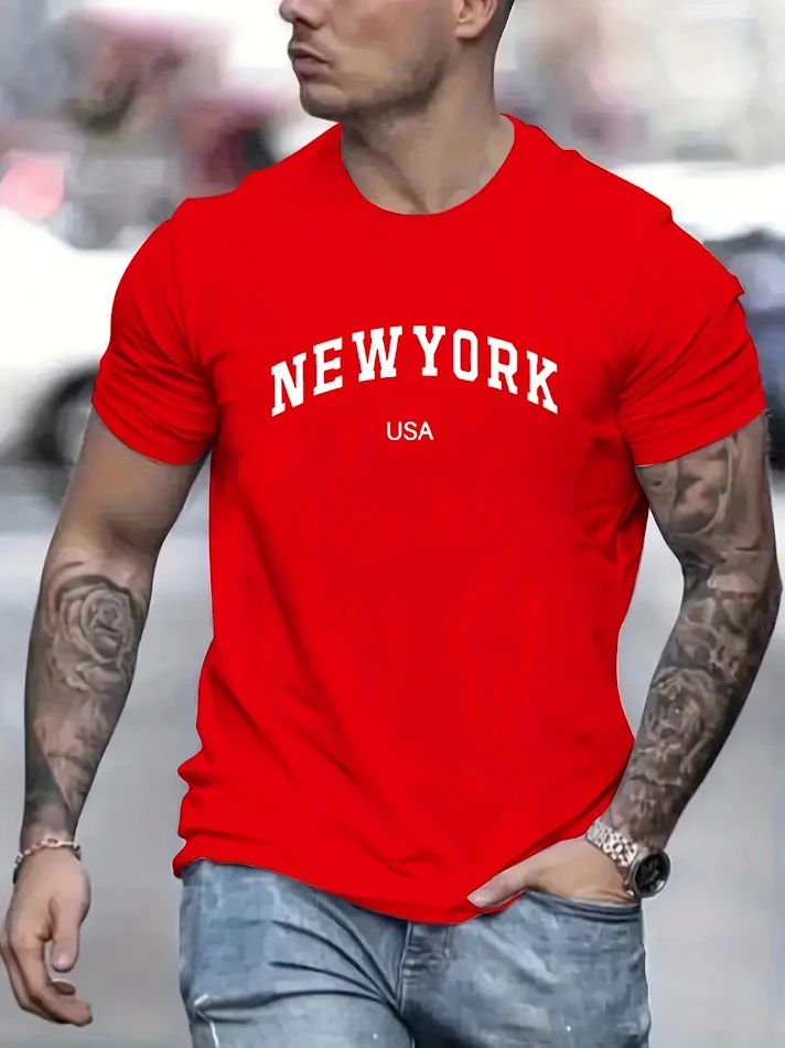 Herren Sommer T-Shirt New York Print aus 100% Baumwolle, locker geschnitten, kurzärmlig, ideal für heiße Tage und entspannten Look.