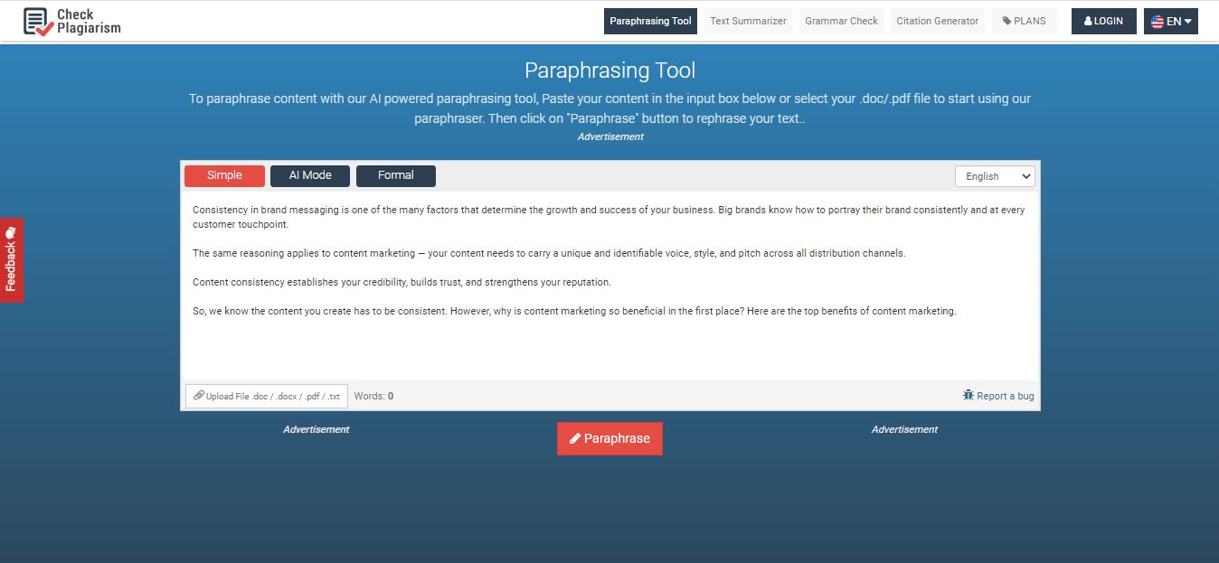 4. Paraphrasing tool by Check-plagiarism