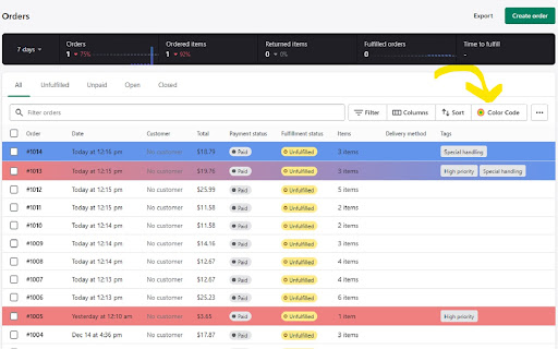 Color code Shopify orders