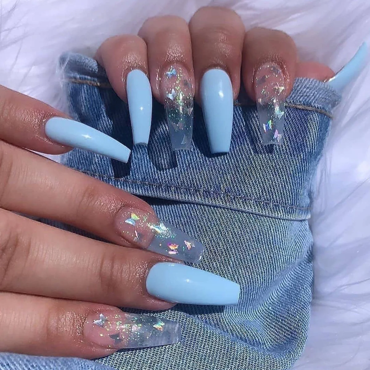 Title 1, Sky Blue Color Powder Laser Butterfly Wear Nail...