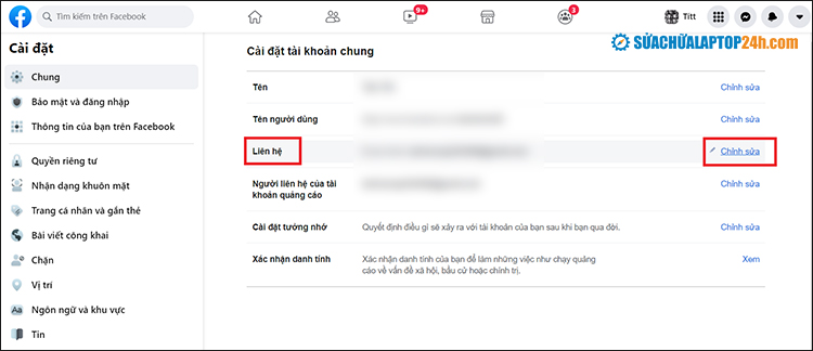 Nhấn Chỉnh sửa tại mục Liên hệ