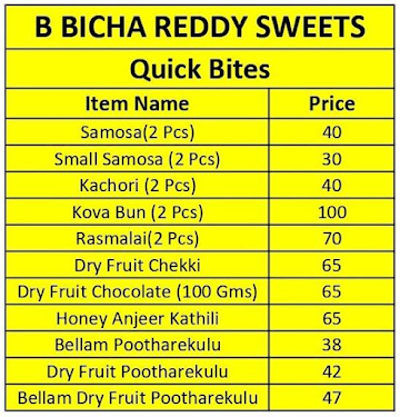 B. Bichareddy Pure Ghee Sweets menu 