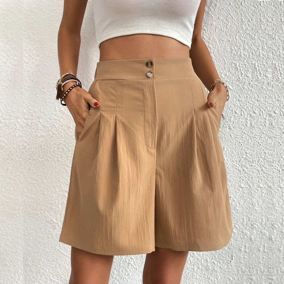 Shorts femininos folgados de cintura alta, estilo europeu e americano, para lazer. Conforto e estilo para seus momentos de descontração.