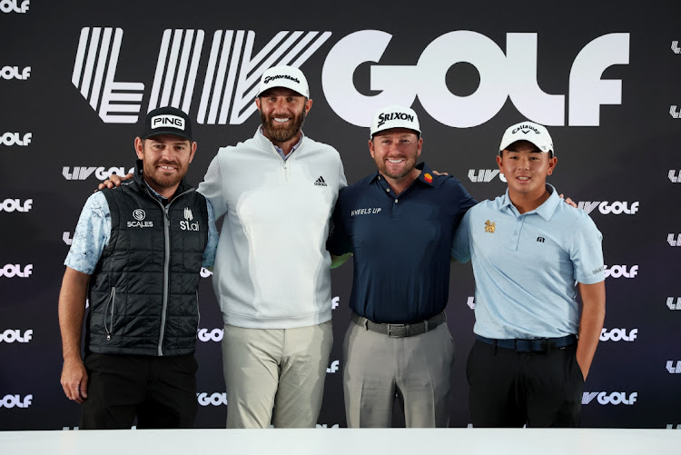 SA's Louis Oosthuizen, Dustin Johnson of the US, Northern Ireland's Graeme McDowell and Thailand's Ratchanon Chantananuwat during a press conference ahead of the inaugural LIV Golf Invitational starting at Centurion Club, Hemel Hempstead, on Thursday