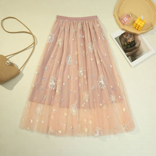 Title 4, Dandelion embroidered pleated tulle long skirt,...