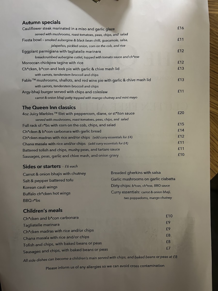The Queen Inn gluten-free menu
