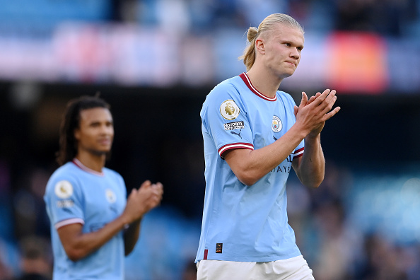 Erling Haaland of Manchester City applauds the fans after their side's victory during the Premier League match between Manchester City and Southampton FC at Etihad Stadium on October 08, 2022 in Manchester, England.