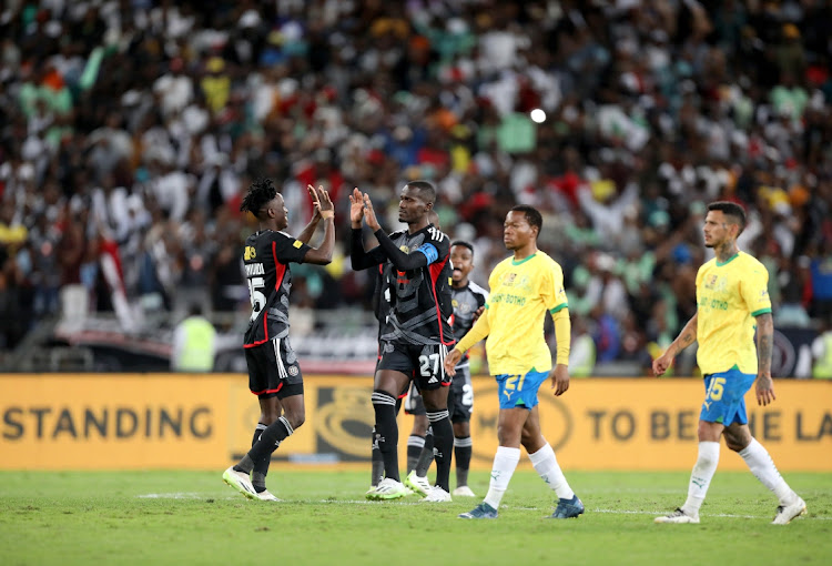 Orlando Pirates celebrate being the champions of the 2023 MTN8 final after beating Mamelodi Sundowns at Moses Mabhida Stadium in Durban.