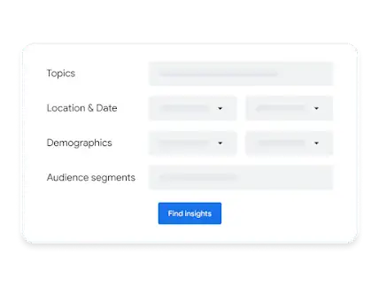 Insights Finder customization box showing fields for topics, date range, demographics, and audience segments.