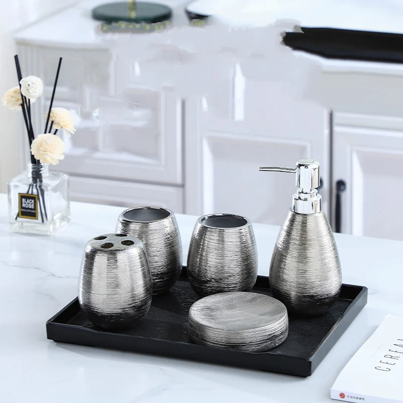 Handmade Vintage Brushed Ceramic Bathroom Five-piece Set provides an elegant and functional bathroom solution with a uni