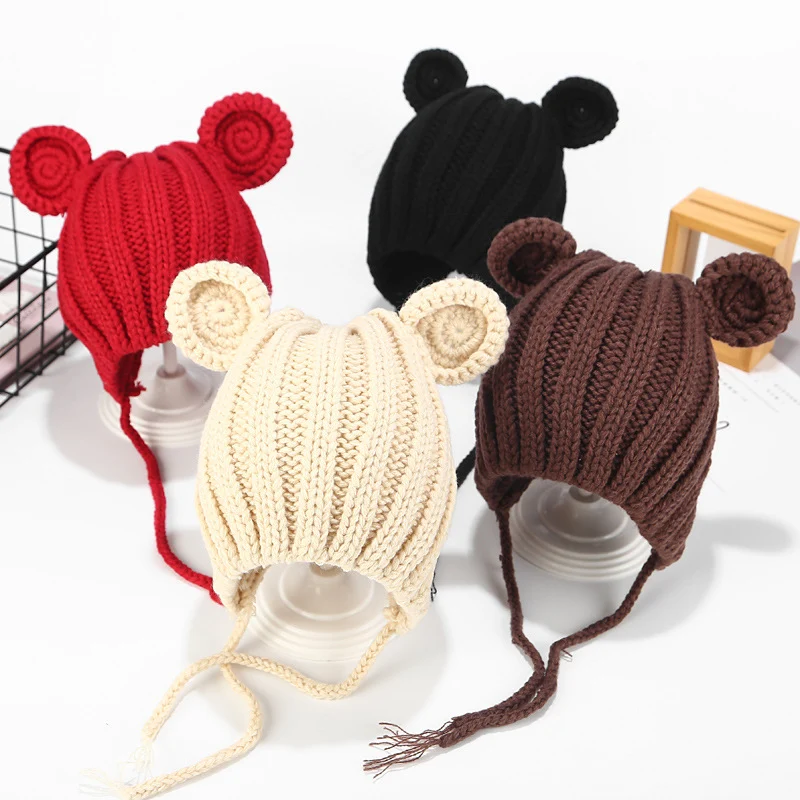 Bonnet en laine tricoté pour bébé avec protection des oreilles, mignon et chaud, protège efficacement les oreilles du froid, idéal pour l'hiver.