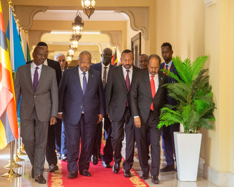 President William Ruto, Djibouti President Ismaïl Omar, Ethiopia Prime Minister Abiy Ahmed Ali during the 14th Ordinary Assembly of the IGAD Heads of State and Government in Djibouti on June 12, 2023