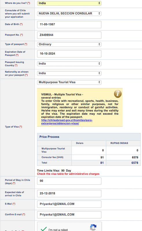 personal details and details of the Chile travel trip page of the chile tourist visa for indian