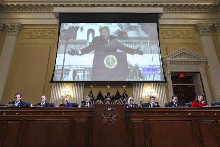 A video of former US president Donald Trump is displayed on a screen during a hearing of the January 6 committee probing the January 6 2021 attack on the US Capitol in Washington, DC, US, October 13 2022. Picture: ALEX WONG/BLOOMBERG