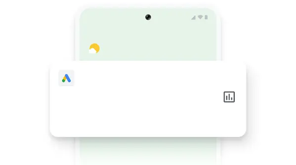 Ilustración de un teléfono que muestra una notificación de la aplicación móvil Google Ads sobre conversiones de campañas