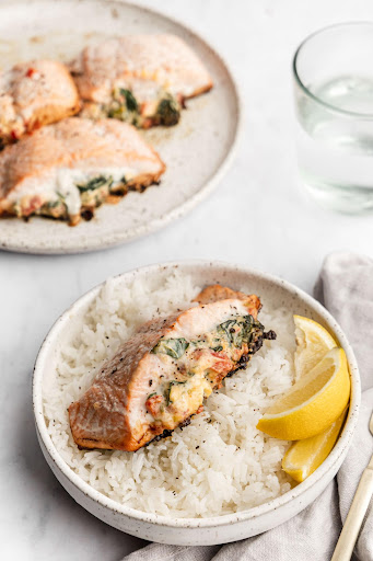 Creamy Spinach and Red Pepper Stuffed Salmon