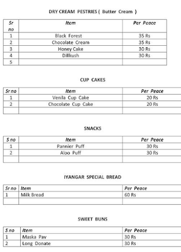 Bangalore Iyangar Bakery menu 