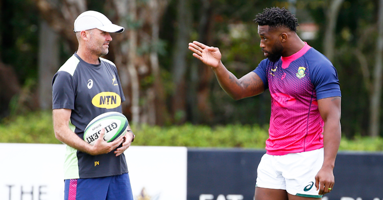 Boks coach Jacques Nienaber, seen here with captain Siya Kolisi, has named the squad for the forthcoming season.