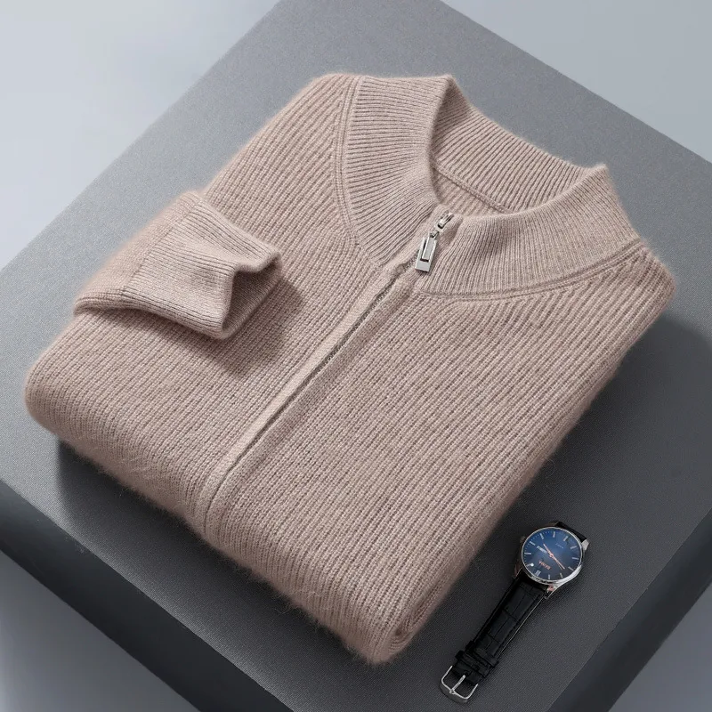 Suéter masculino de lã com gola meio alta, grosso, solto e com zíper, perfeito para o inverno, quente e confortável.