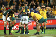 Players react as the final whistle blows with the match resulting in a draw during The Rugby Championship match between the Australian Wallabies and the South Africa Springboks at nib Stadium on September 9, 2017 in Perth, Australia.