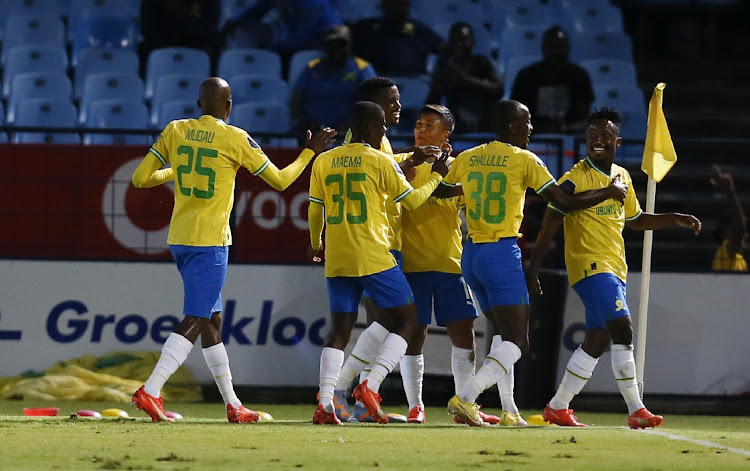 Cassius Mailula celebrates scoring a goal with his Mamelodi Sudnowns teammates in the DStv Premiership match against Royal AM at Loftus Versfeld on March 14 2023.