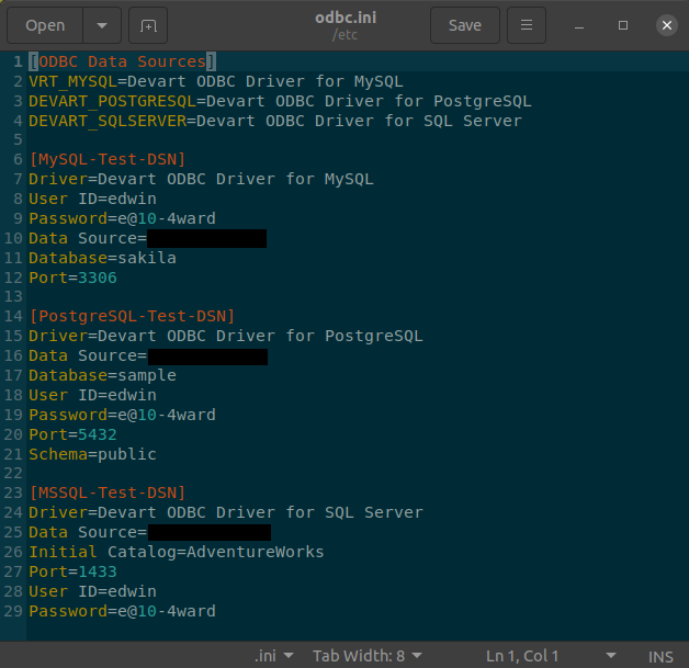 Modified ODBC.INI file with data source configurations for 3 database products.